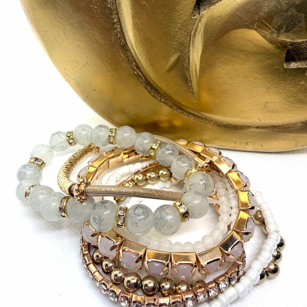 Gold, Rose Gold & White Multi-Stack Bracelet Set